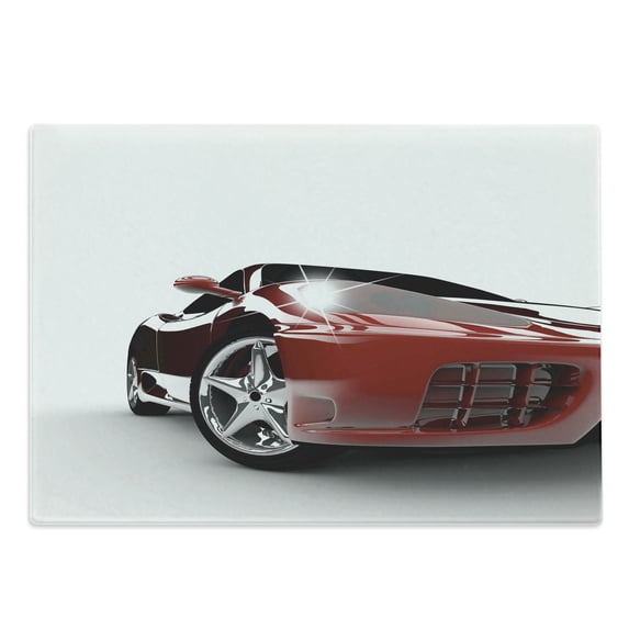 Teen Room Cutting Board, Modern Automotive Vivid Toned Car Back View Prestige Passion Image, Decorative Tempered Glass Cutting and Serving Board, Large Size, Black and Ruby, by Ambesonne