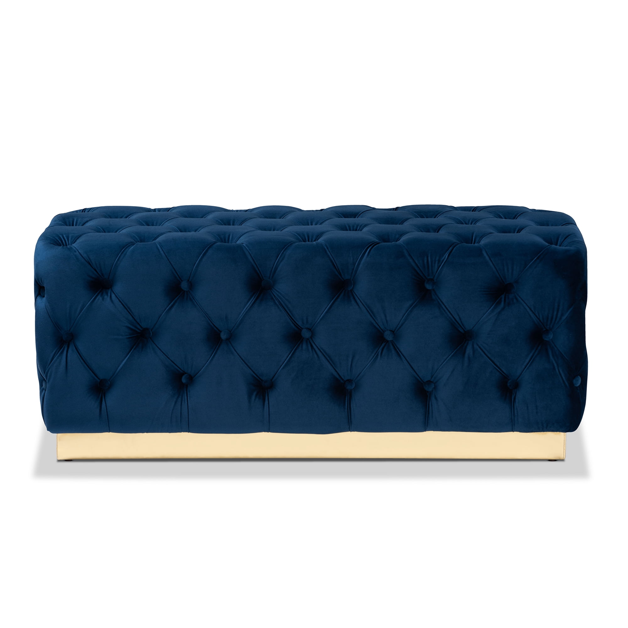 Baxton Studio Corrine Glam and Luxe Navy Blue Velvet Fabric Upholstered and Gold PU Leather Ottoman
