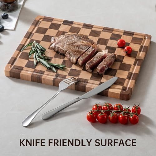 Checkerboard Cutting Board, Wooden Cutting Boards for Kitchen, End Grain Wood Cutting Board with Juice Groove, Serving Tray for Meat, Vegetables, Fruits, Bread, Cheese, 14" X 11" X 0.8"