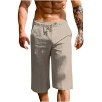 Cotton Linen Capri Pants for Men Casual Relaxed Fit Capris Knee Length Breathable Pants with Pockets
