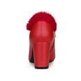 thumbnail image 2 of BLISSFUL STEP Women's Faux Fur Buckle Block Heel Ankle Boot Red 6, 2 of 7