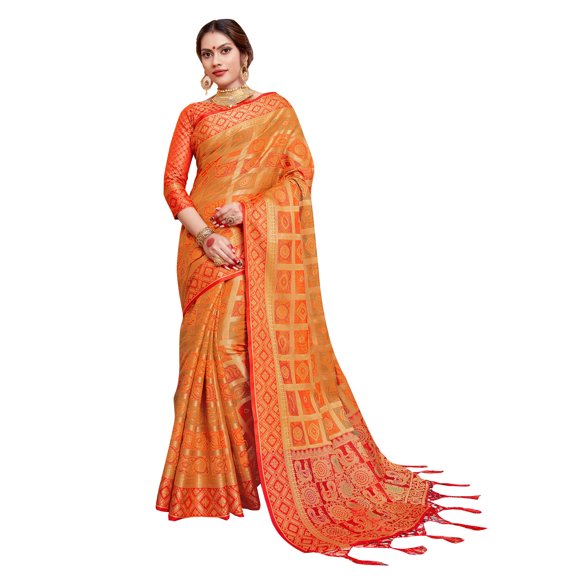 Sarees for Women Banarasi Patola Art Silk Woven Saree l Indian Ethnic Wedding Gift Sari with Unstitched Blouse Orange