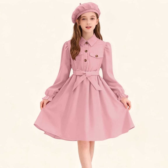 LJEFF Girls Long-Sleeve Dress, Solid Colors Pocket Tie Straps Puff Sleeves Casual Dresses for Kids Pink Size 8-9 T