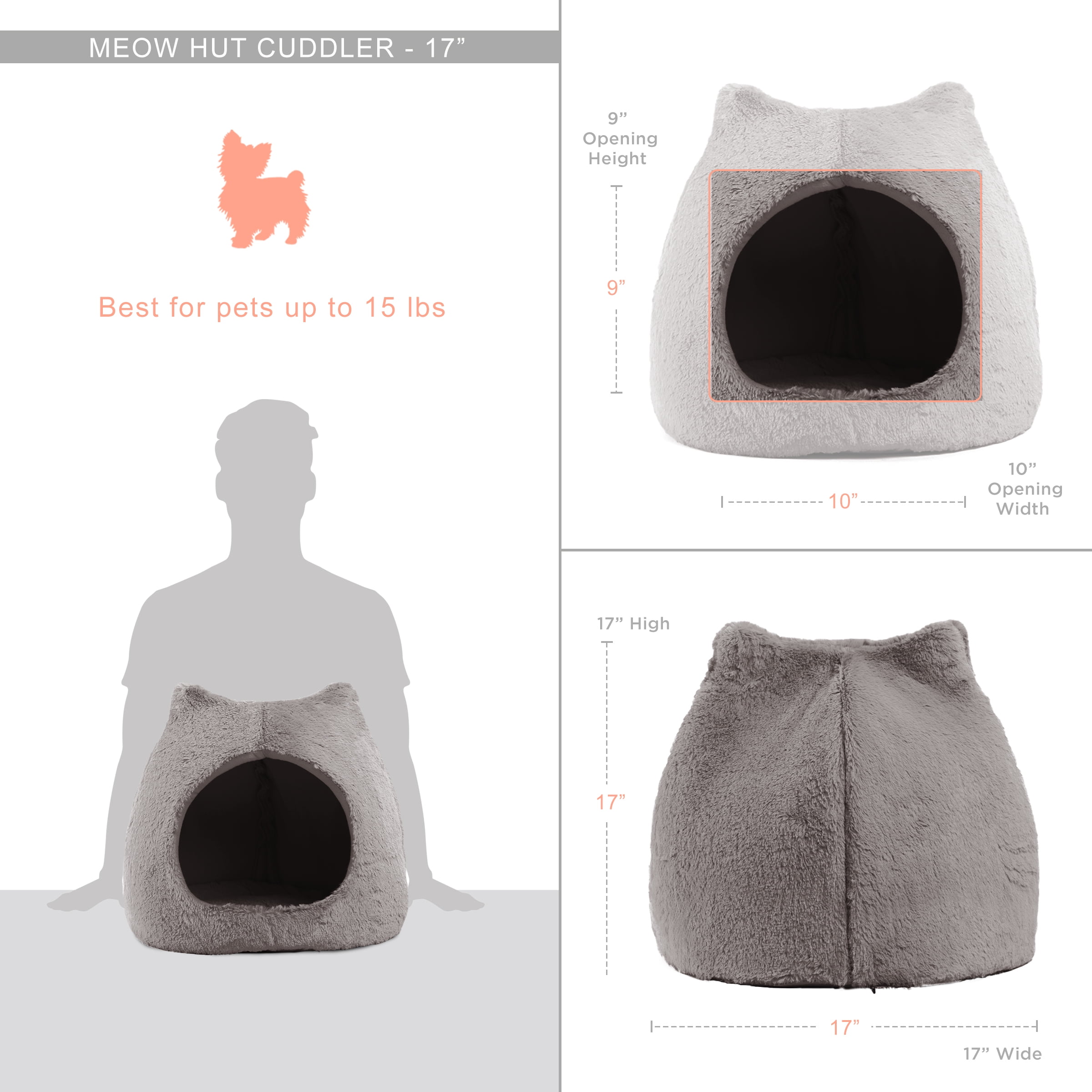Best Friends by Sheri Meow Hut Fur Dome Pet Bed – Covered Cat Cave for Cats & Small Dogs up to 15 lbs, Faux Fur Hideaway with Water-Resistant Bottom, Machine Washable, Gray