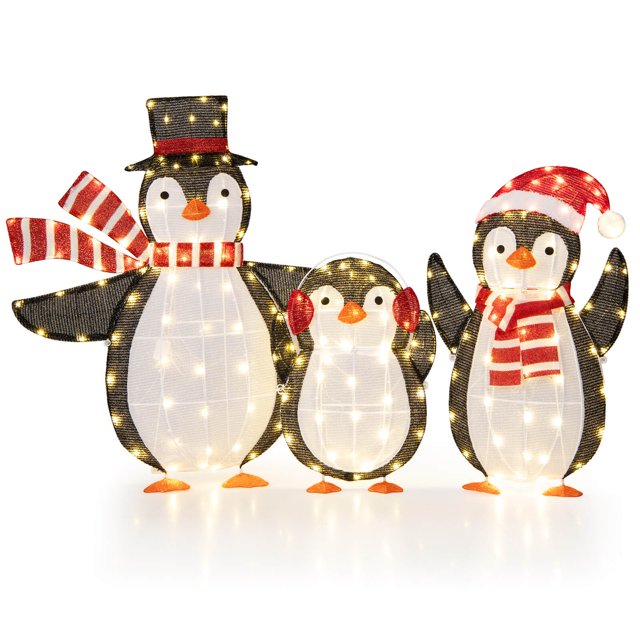 Costway 3 PCS Lighted Penguin Family with 194 LED Lights Zip Ties & Ground Stakes