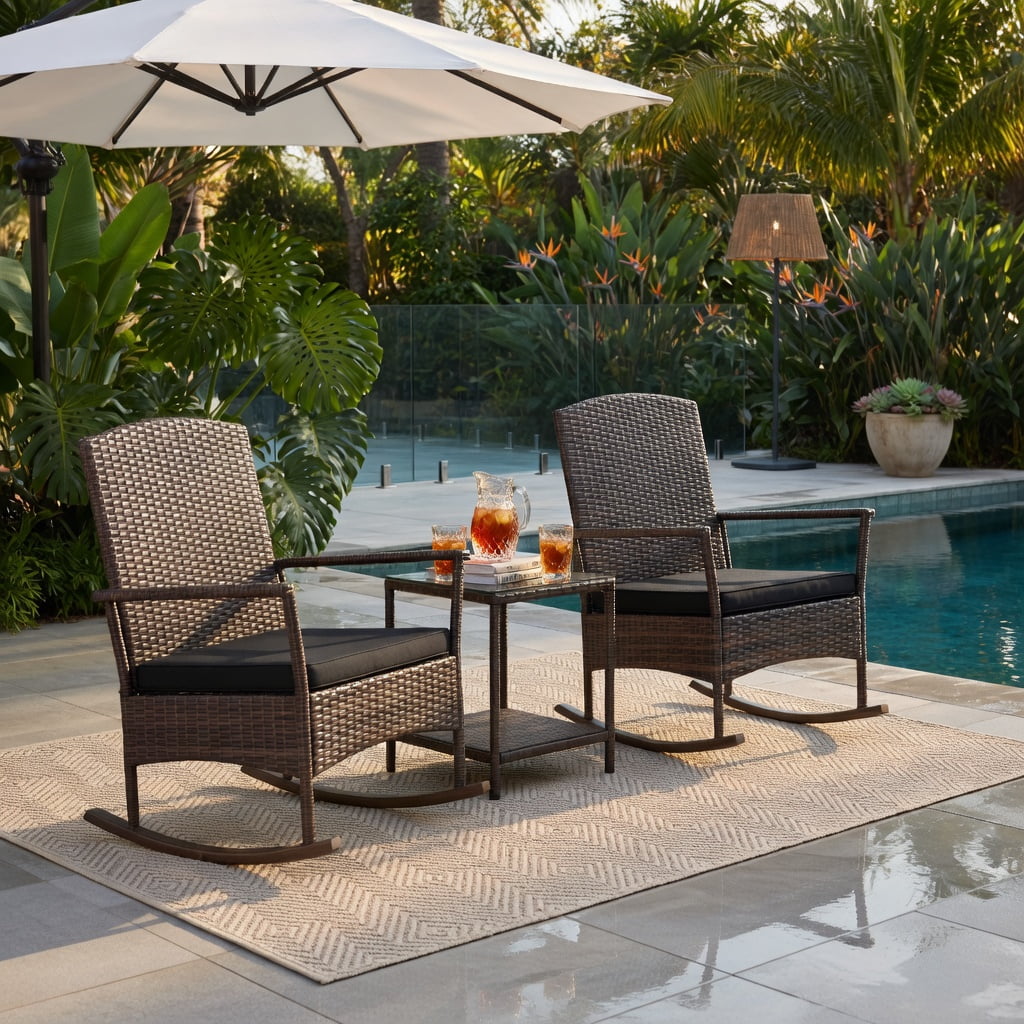 Hommoo 3-Piece Outdoor Rocking Bistro Set, PE Rattan Rocker Chairs + 2-Tier Tempered Glass Coffee Table, Black