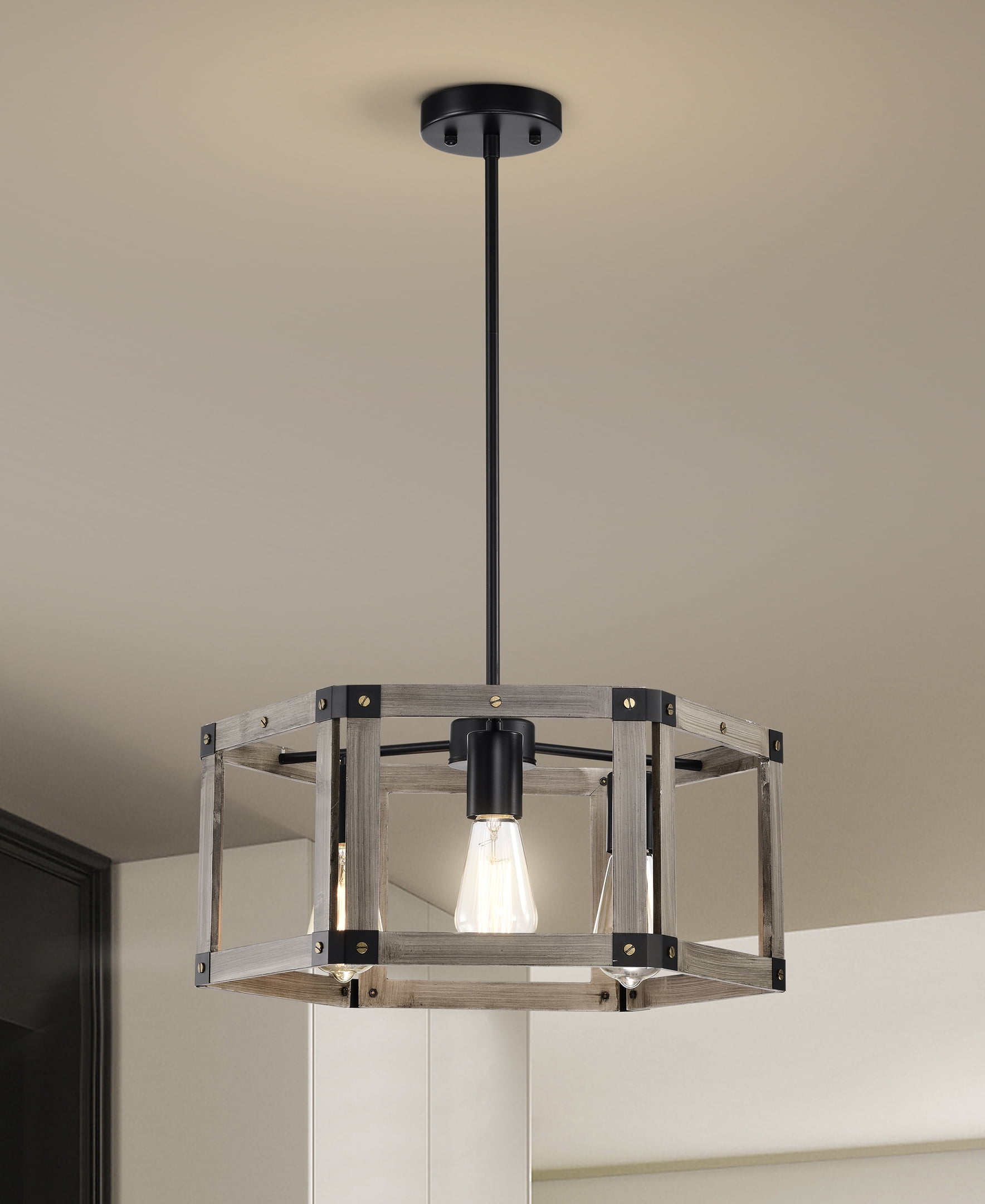 Malli 19 in. 3-Light Indoor Matte Black and Faux Wood Grain Finish Chandelier with Light Kit