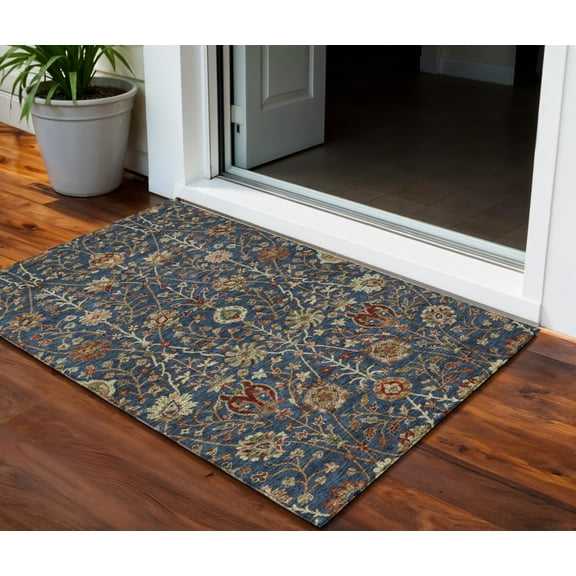 HomeRoots 603425 3 x 5 ft. Navy Blue, Brown & Red Floral Washable Indoor & Outdoor Rectangle Area Rug