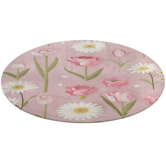 Floral Colorful Flower Floral Medallion Round Rug - Small Round Area Rug, Soft Non-Slip Machine Washable Bedroom Mat Indoor Accent Entry Carpet for Office Desk Dorm Hallway