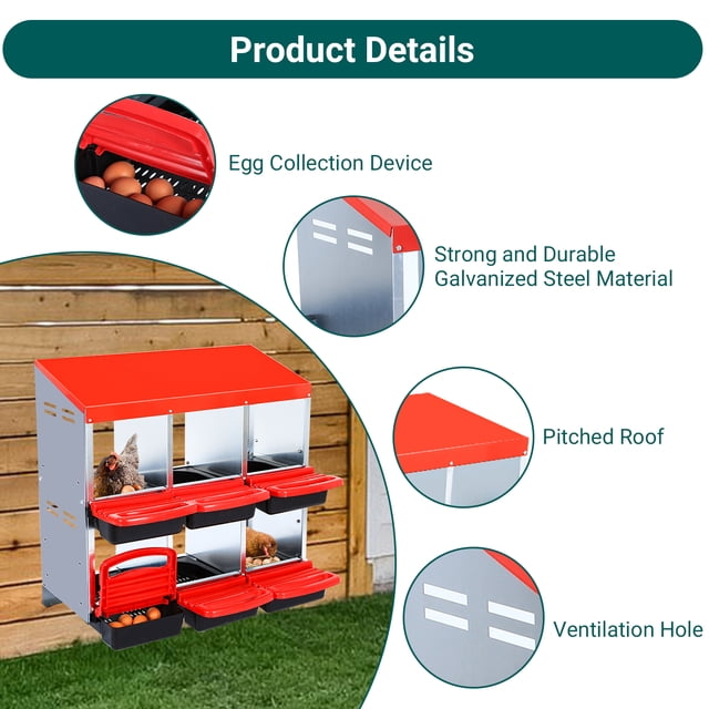 Metal Chicken Nesting Box with 8 Compartments – Roll Away Egg Collection, Durable, Easy to Clean, Egg Protection – For Chicken Coops – Red, No Bracket Legs, 8-Compartment Egg Laying Box