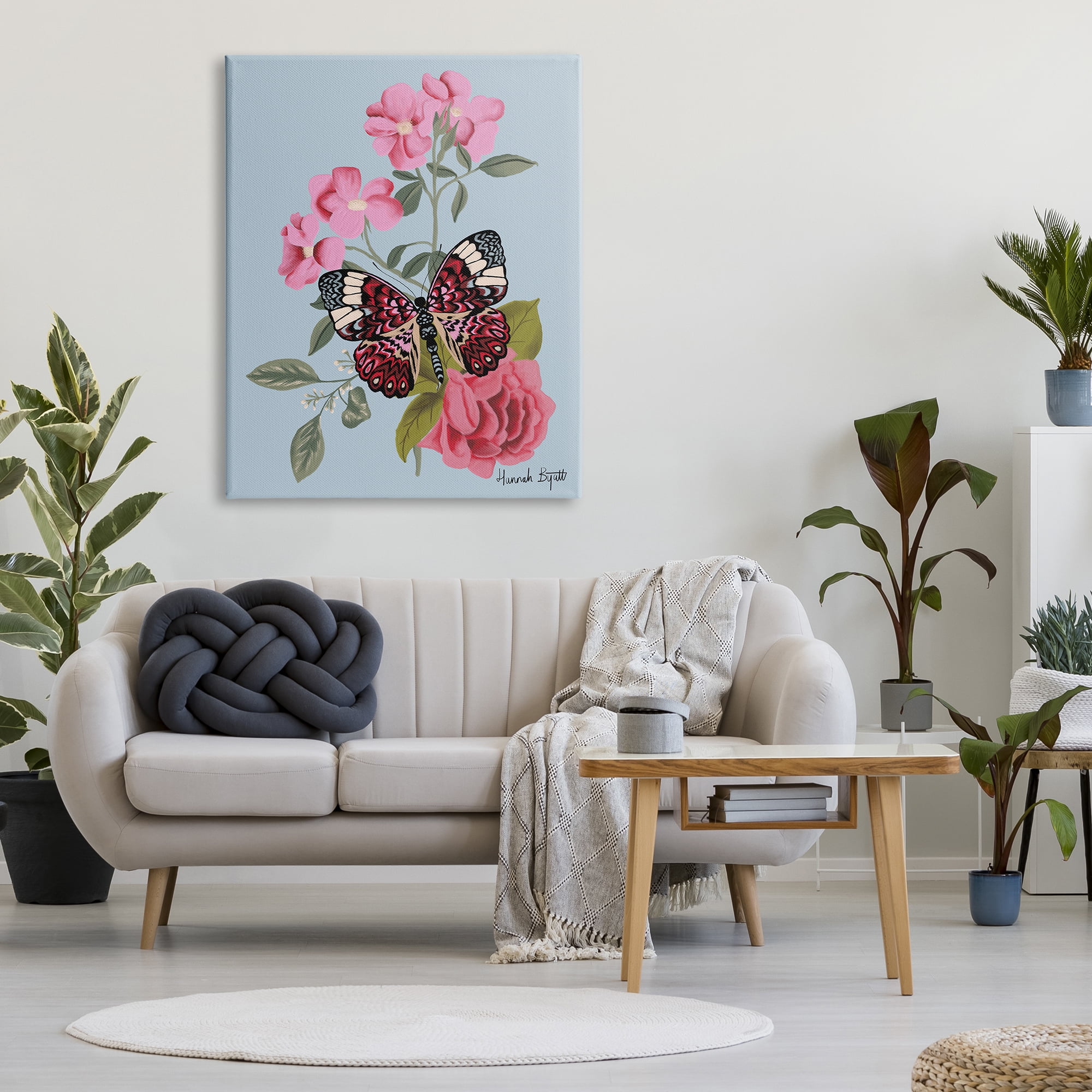 Stupell Industries Pink Floral Butterfly Animals & Insects Painting Gallery Wrapped Canvas Print Wall Art, 36 x 48