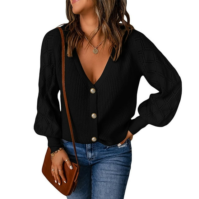 Suéter tipo cárdigan con botones para mujer Cuello en V profundo Mangas largas Suéter tipo cárdigan de punto de color puro Abrigo de suéter de punto informal Negro M