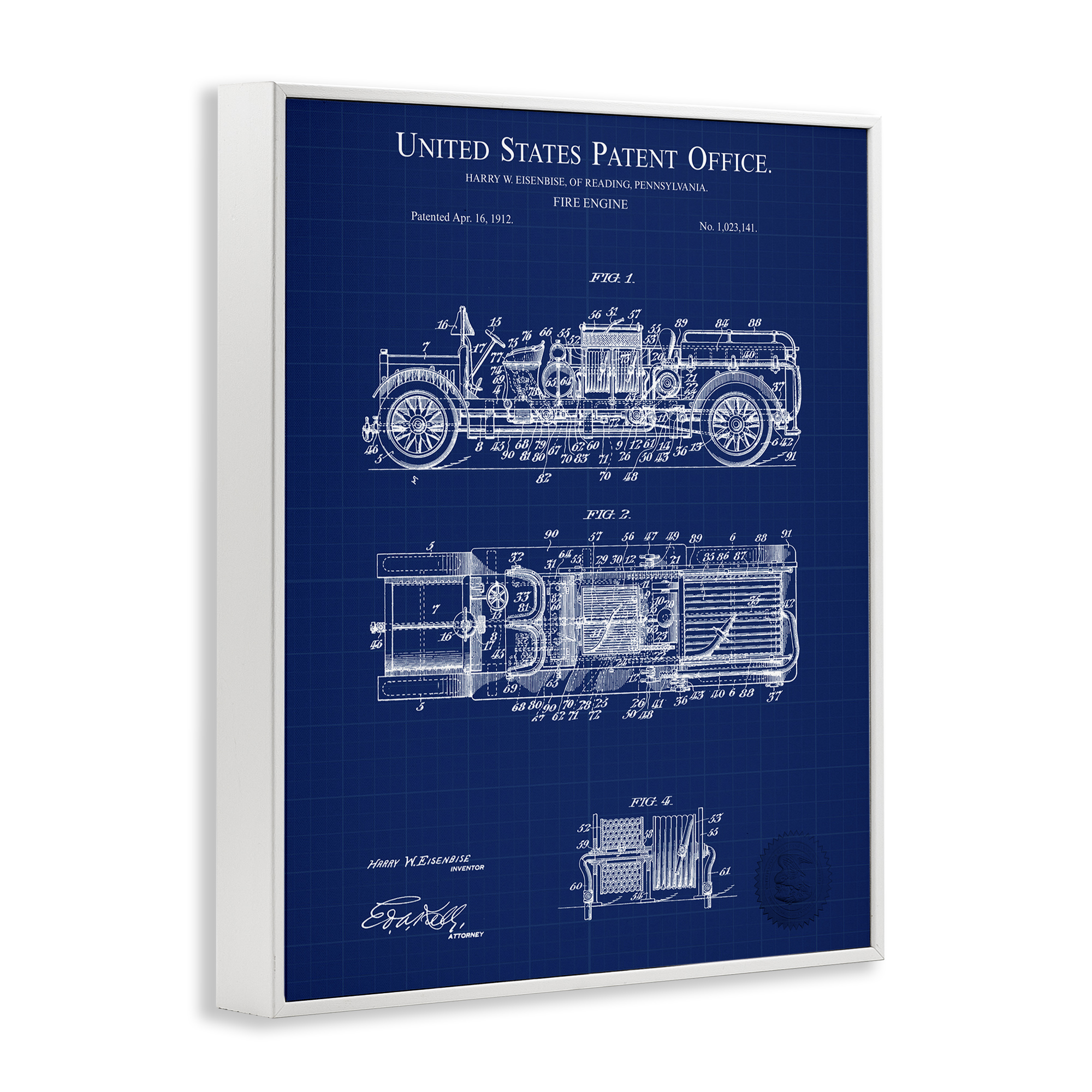 Stupell Industries Fire Engine Blueprint Transportation Painting White Framed Art Print Wall Art, 24 x 30