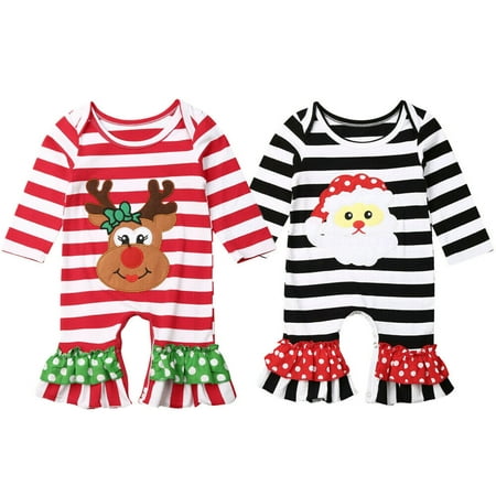

Pudcoco Xmas Baby Boy Girls Cotton Romper Christmas Kids Baby Boy Girl Romper Long Sleeve Soft Striped Christmas Outfit Clothes