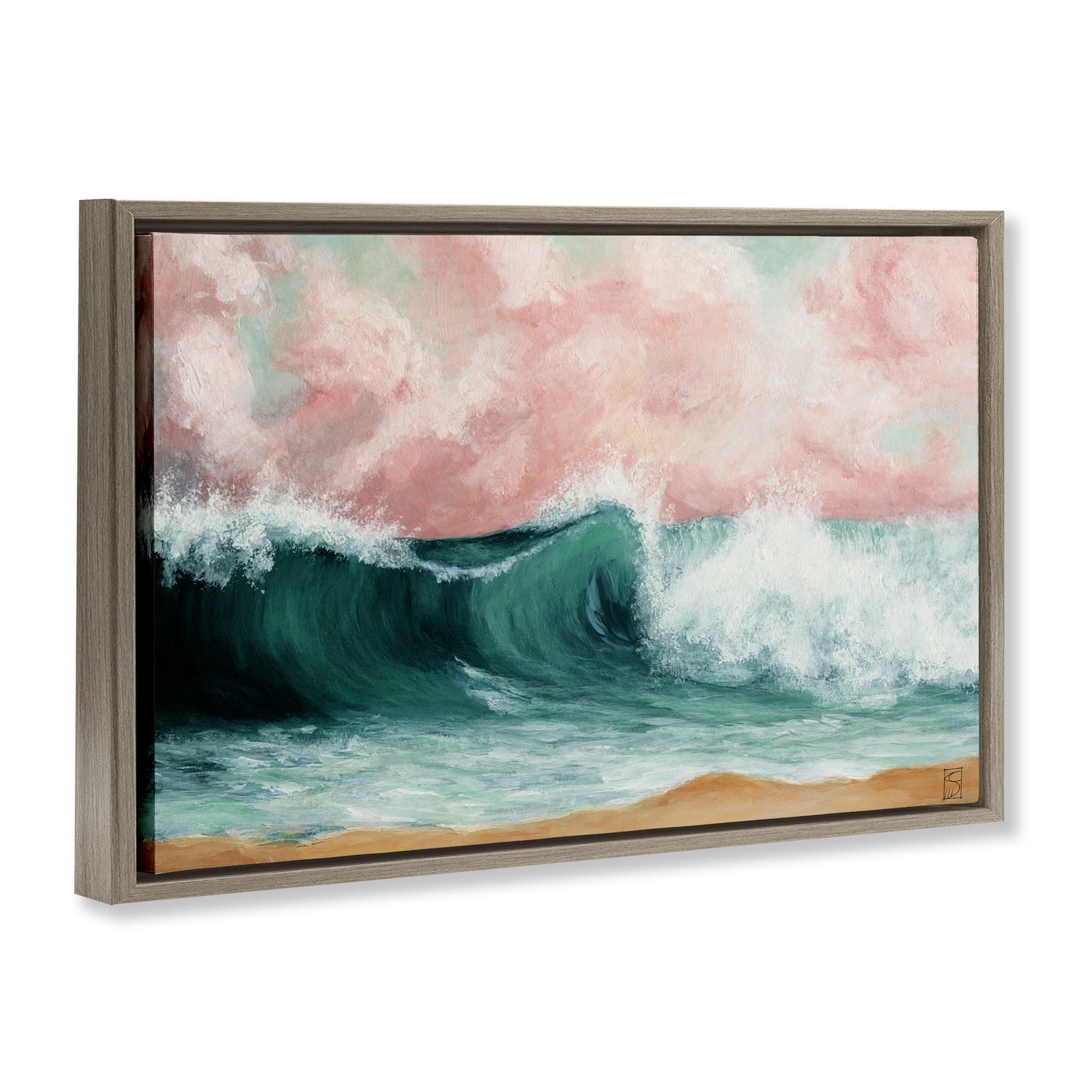 Crashing Seascape Waves Brown Framed Floater Canvas Wall Art, design by Sara Culpepper