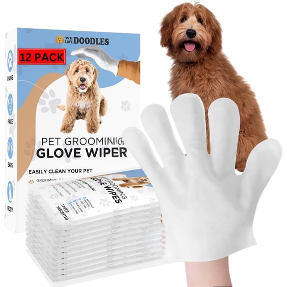 We Love Doodles Rinse-Free Dog Bath Wipes, Double-Sided Cleansing Gloves, Deodorizing & Hypoallergenic, 12 Count
