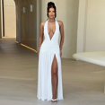 thumbnail image 3 of Vestido largo liso sexy con escote en V profundo para mujer, vestido maxi plisado sin mangas de verano, vestido de fiesta de noche con abertura alta, 3 of 5