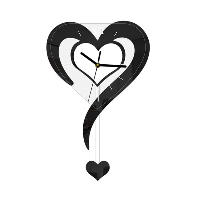 Reloj en forma de corazón, silencioso, acrílico, para colgar en la pared, para oficina, sala de estar Negro