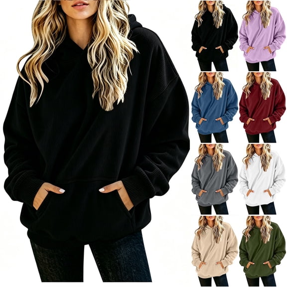 Womens Oversized Hoodies Pullover Sweatshirts Solid Color Long Sleeve Pullover Sweatshirt Casual Drawstring Hooded Top with Front Kangaroo Pocket