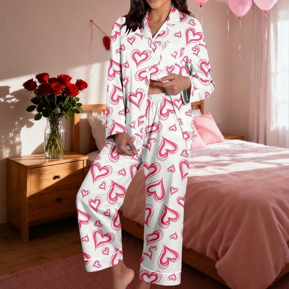 Womens Pajamas Set Valentine's Day Theme Print Long Sleeve Shirts Pants Casual Cozy Loungewear Nightwear 2 Piece Sets for Women Pink L