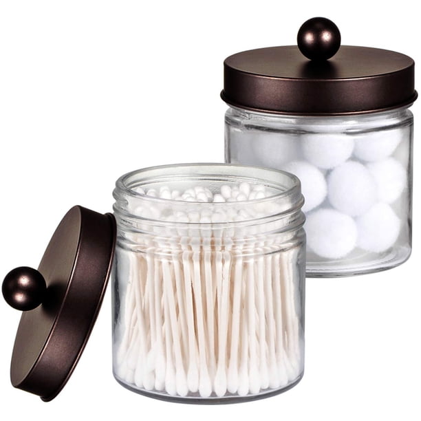 Organizador de almacenamiento de vidrio para tocador de baño, frascos de boticario para hisopos de algodón, bolas redondas, Qtips, esponjas de maquillaje, hilo dental, sales de baño, paquete de 2 tran