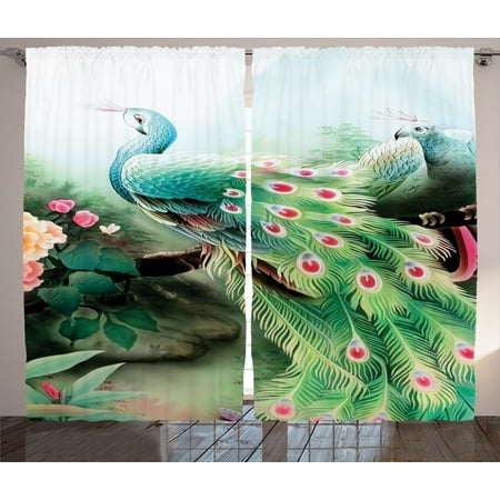 Peacock Decor Curtains 2 Panels Set Peacock In Summer Flower Garden Glass Vibrant Color Painting Effect Nature Art Print Living Room Bedroom