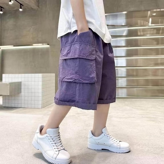 HOZADOIE Boys Shorts Pure Cotton Stylish Spring Summer Cargo Solid Color Elastic Waist Breathable Outdoor Lightweight 5 Inseam Casual Athletic Shorts with Pockets 4-14 Years