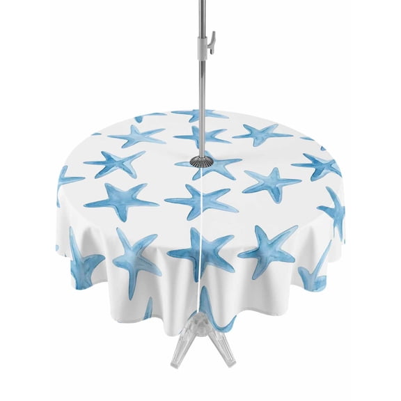 Outdoor Tablecloth with Umbrella Hole for Patio/Picnic/Party/Camping, Blue Starfish Coastal Waterproof Table Cloth Round Cover Washable, Nautical Summer Ocean Modern (Dia 60")
