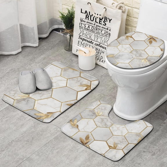 White Marble Gold Leaf Hexagon Pattern Bathroom Rugs Sets 3 Piece,Toilet Cover Set,Absorbent Non Slip Bathroom Mats Sets with U-Shaped Contour Rug Toilet Rug Set