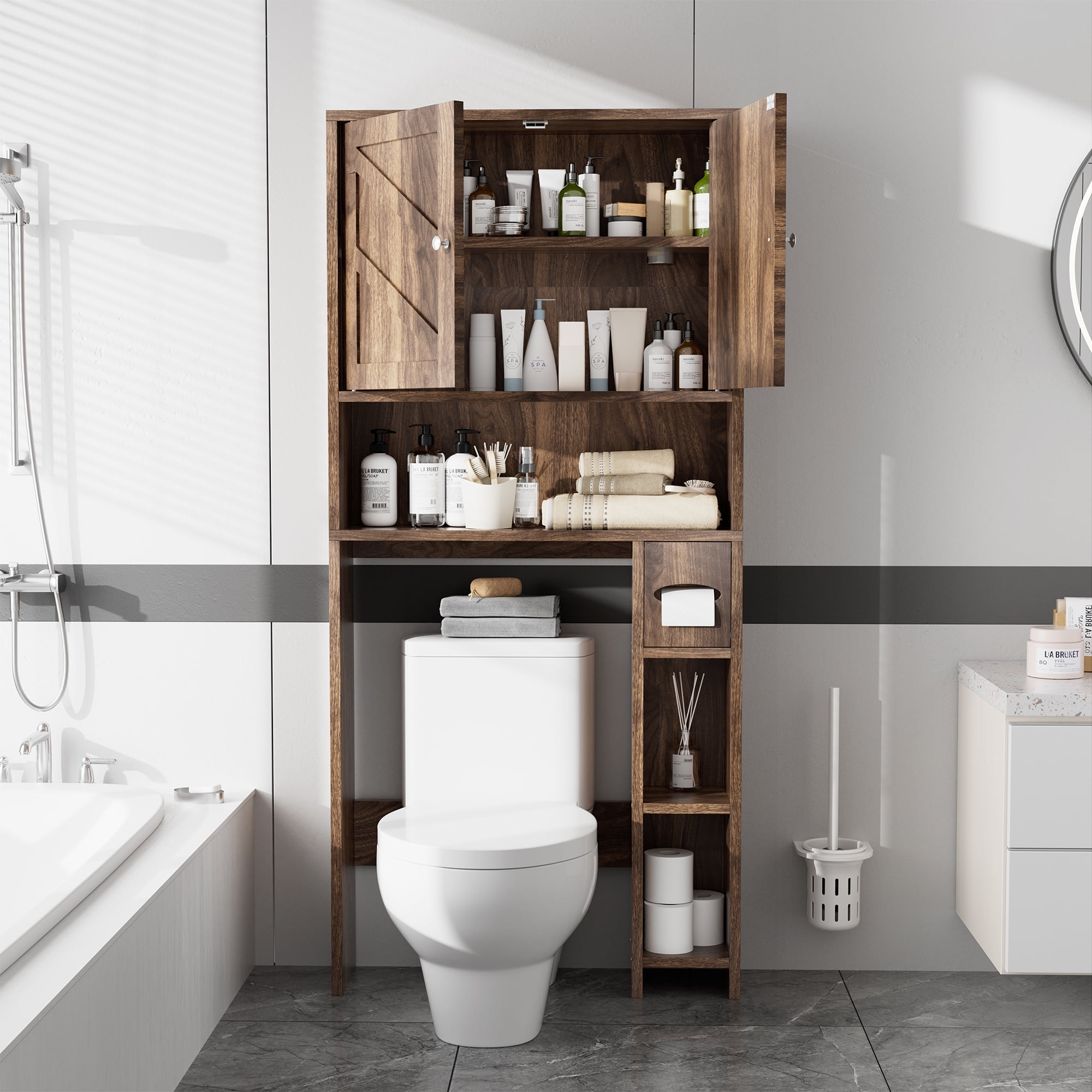 Walsunny Over the Toilet Storage Cabinet with Doors Side Storage Toilet Paper Holder Stand Space Saver Shelf Organizer Rack Freestanding for Restroom Bathroom Laundry Walnut