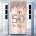 thumbnail image 1 of Feliz 50 cumpleaños puerta pancarta decoraciones para mujeres, rosa oro rosa 50 cumpleaños fiesta puerta cubierta cartel telón de fondo suministros, cincuenta años cumpleaños pos, 1 of 5