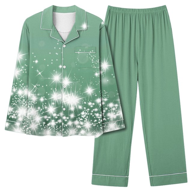 Puntoco Conjunto De Pijama De Pantalones Y tops Casuales De Manga Larga Con Estampado Navideño Para Mujer (1 top + 1 Pantalón) Conjunto De Solapa De Manga Larga Verde Xl