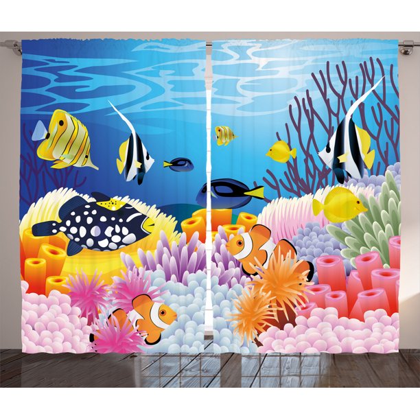 Ocean Decor Curtains 2 Panels Set, Water Life with Different Kind of
