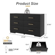 Resenkos 6-Drawer Wide Chest of Drawers, Storage Drawer Organizer, Traditional Bedroom Dresser, Sideboard Buffet for Living Room, Black