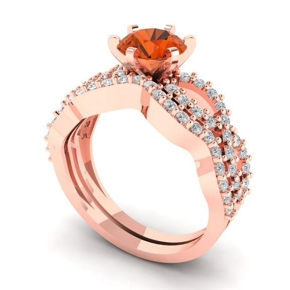 1.52 ct Brilliant Round Cut Red Zircon 14k Rose Gold Solitaire with Accents Engagement Bridal Wedding Ring Band Set size 6.25