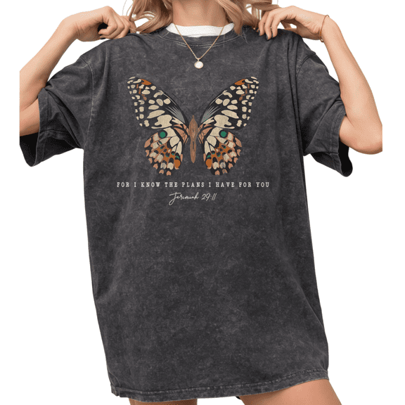 Women's Butterfly Jeremiah 29:11 Bible Verse Vintage Breathable Short Sleeve Washed Tee Black S-2XL Plus Size