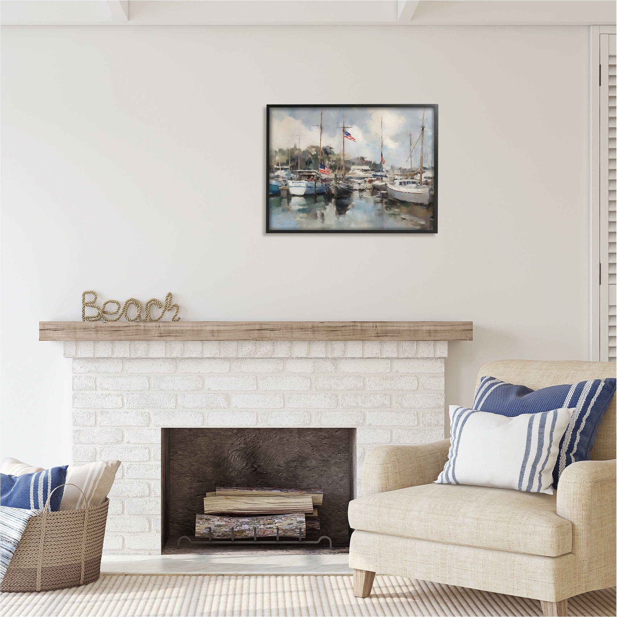 Stupell Industries Boats with American Flags Transportation Painting Black Framed Art Print Wall Art, 30 x 24