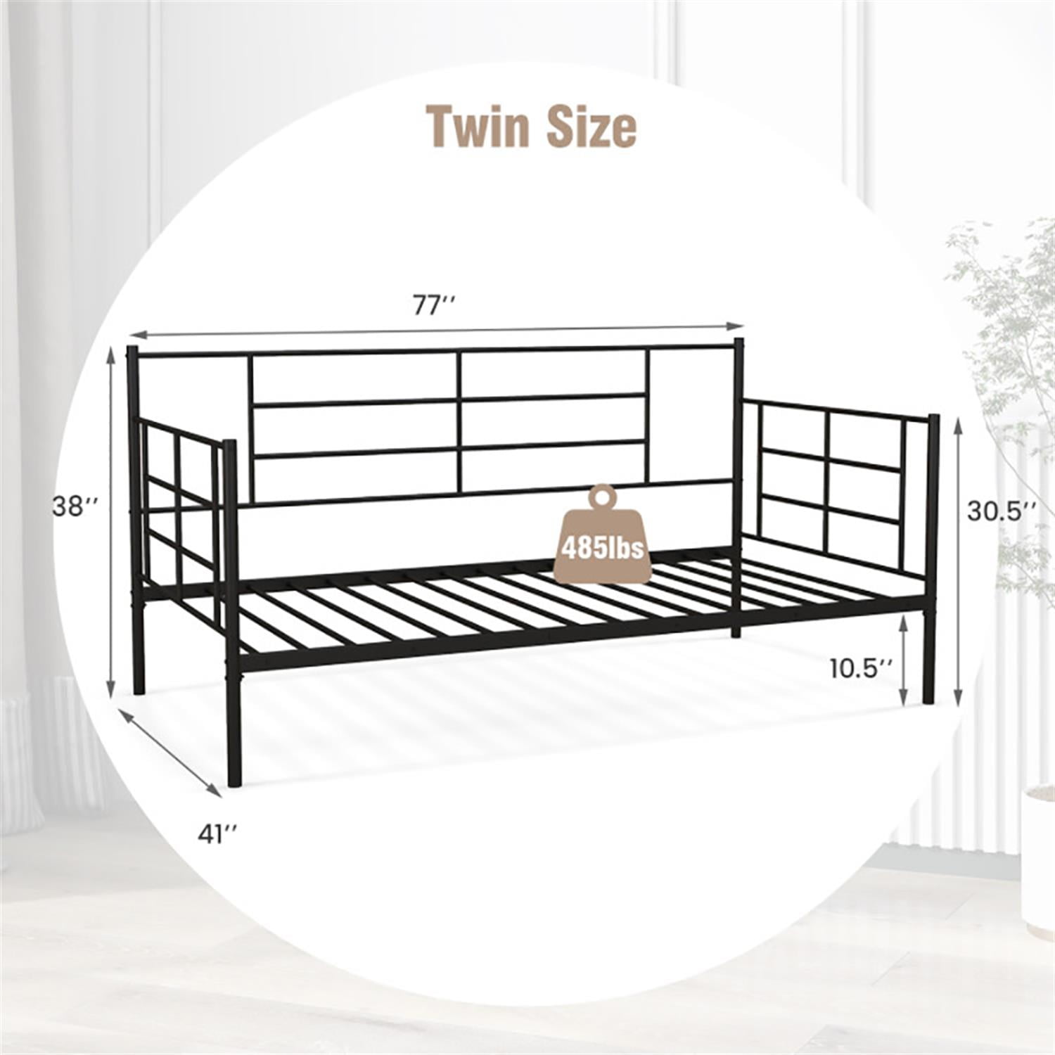Demi Bonn Twin Size Metal Daybed Sofa Bed Frame with Armrests and Backrest, Modern Bed Frame for Teens, Black