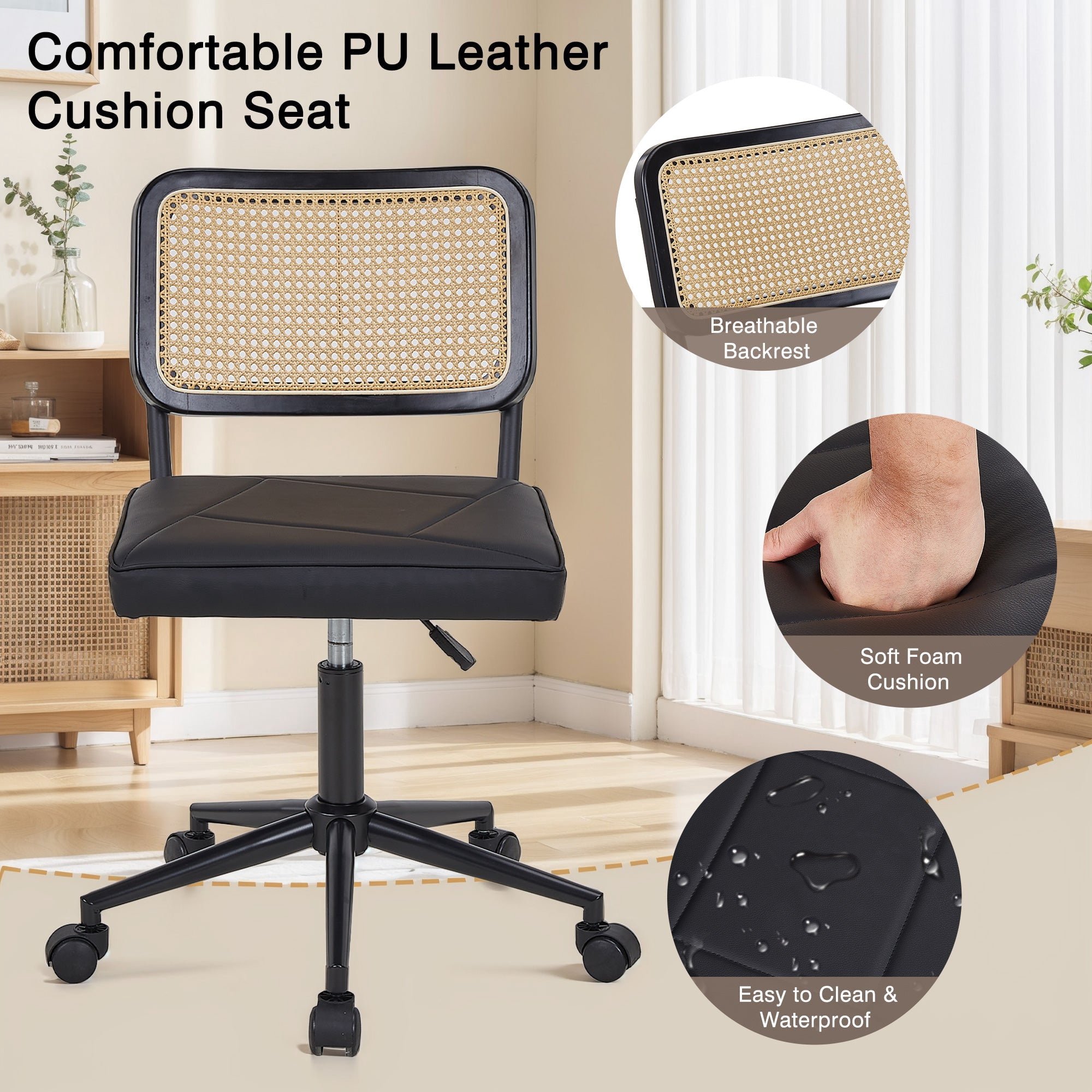 VECELO Mid Century Home Office Chair with Wheels, Modern PU Leather Desk Chair with Rattan Backrest, Adjustable Height Task Chair Swivel Computer Chair, Black