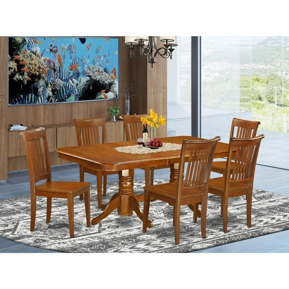 Dining Room Set 7 Piece Table & Chair Set - Rectangle Wood Table with Leaf & 6 Chairs - Saddle Brown Finish