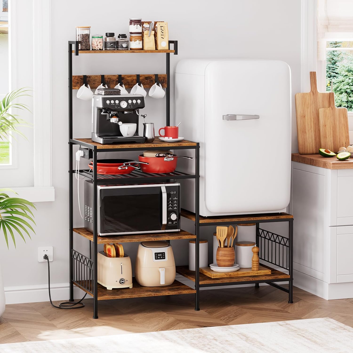 Kitchen Shelf Bakers Rack with Power Outlet, Mini Fridge and Microwave Stand Coffee Bar Table with S-Hooks, Storage Shelf Rack for Spices, Pots and Pans - Rustic Brown