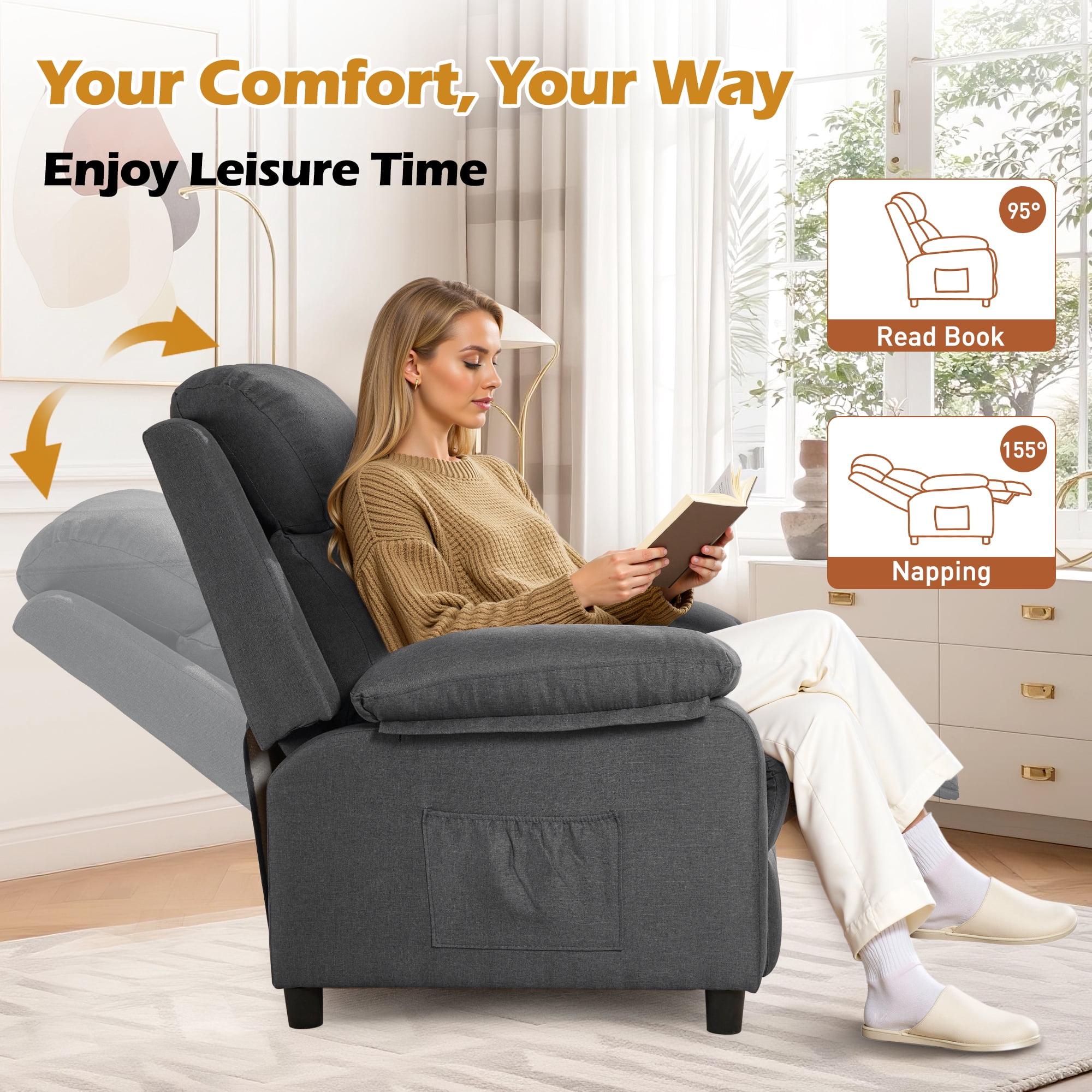 Korser Manual Push Back Recliner Chair with Side Pockets,Recliner Chairs for Adults for Living Room,Small Recliners for Small Spaces,Linen,Dark Grey