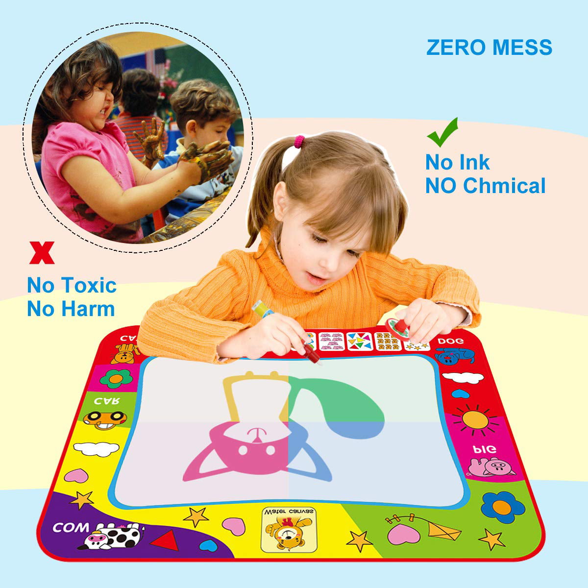 INFANTMOMENT Water Doodle Mat Water Magic Mat Kids Drawing Painting Mat Writing Doodle Board Toy Color Doodle Drawing Mat Educational Toys w/ Magic Pens for Age 3