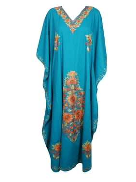 Mogul Women Kaftan Maxi Dress, Teal Blue Floral Embroidered Kaftan, Bohemian House dress Kaftan, Beach Long Caftan 3XL