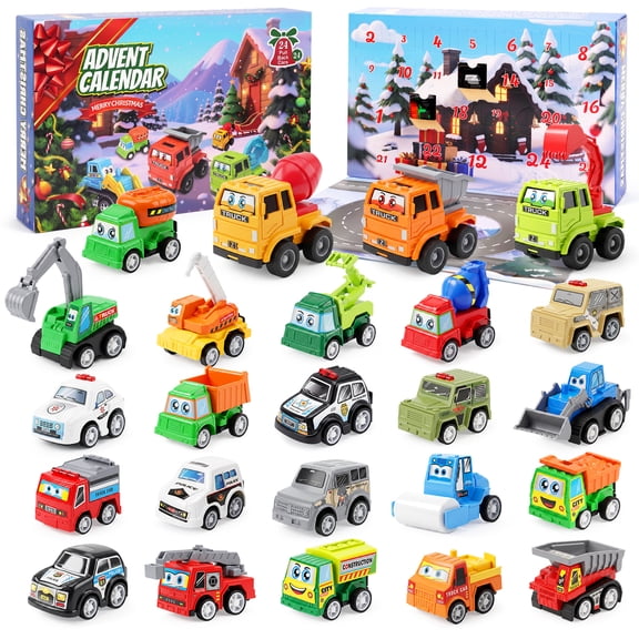 Konijiwa Cars Advent Calendar for Kids, 24 Pcs Cartoon Pull Back Cars, Vehicle Christmas Countdown Gift Set, Birthday & Xmas Gifts for 1 2 3 Years Old Boys