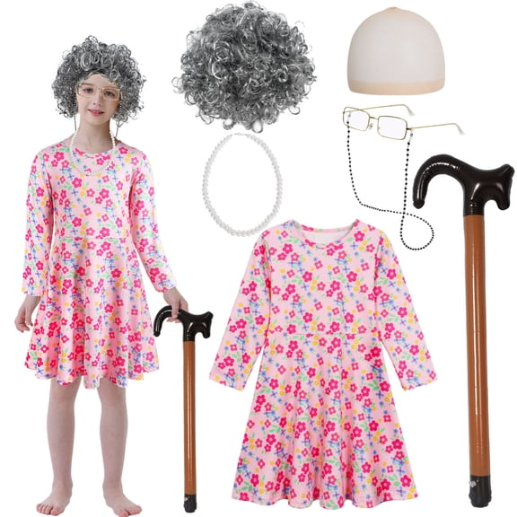 Benylion 100 Days of School Kids Old Lady Costume Girls Granny Dress 100 Year Grandma Halloween Cosplay Outfit for 4-5 Years