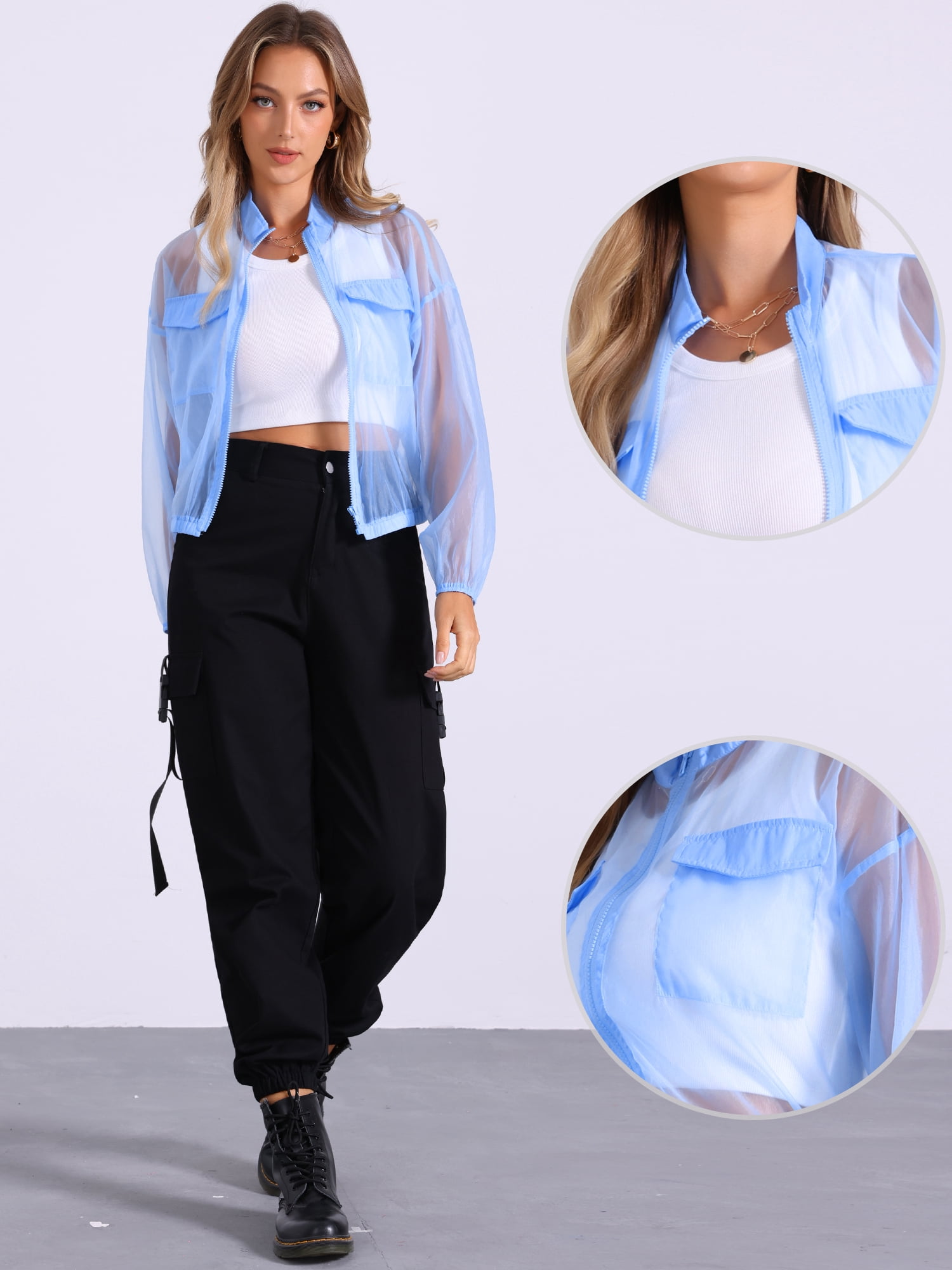 DARING DIVA Women's Sheer Bomber Zip Up Long Sleeve See Through Jackets L Light Blue