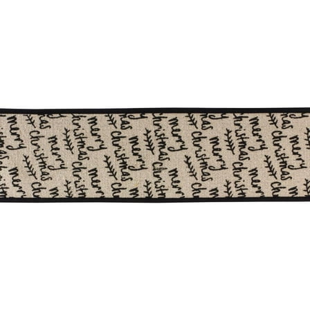 Melrose "Merry Christmas" Wired Craft Ribbon - 4" x 5 Yards - Beige and Black