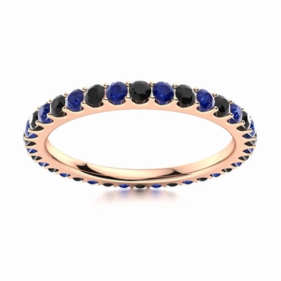 Round Blue Sapphire & Black Spinel 925 Sterling Silver Rose Plated Eternity Ring