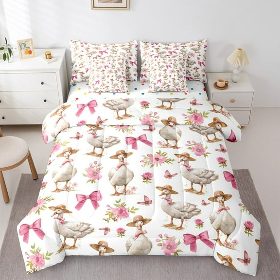 jejeloiu Chic Farm Goose Twin Bedding Sets 7-Piece,Pink Bowtie Bowknot Bedding Comforter Set,Country Farmhouse Cabin Sheet Sets For Children,Ultra Soft Home Decor Reversible